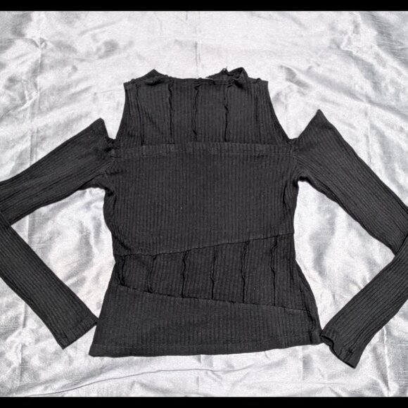 Plastik Wrap Long Sleeve Cold Shoulder Top Medium Black Dark Grey - Picture 3 of 4